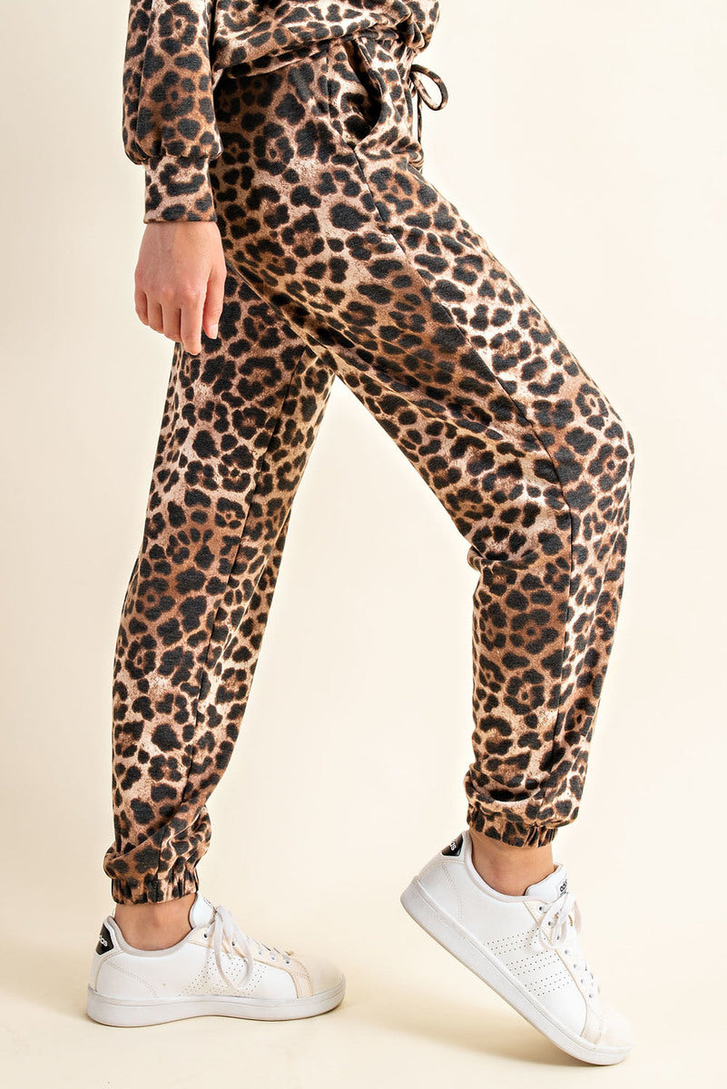 Comfortable Leopard Print Long Sleeve Sweatshirt and Pants Loungewear Ivy and Pearl Boutique
