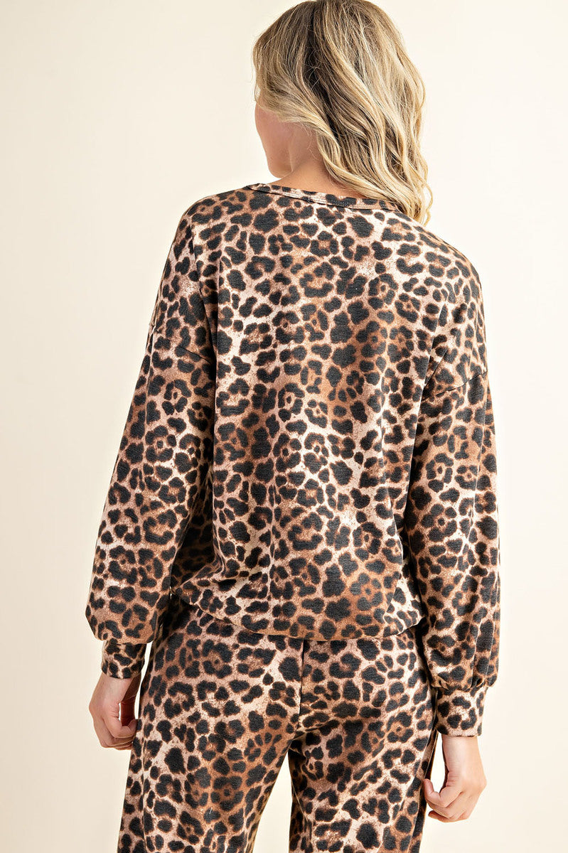 Comfortable Leopard Print Long Sleeve Sweatshirt and Pants Loungewear Ivy and Pearl Boutique