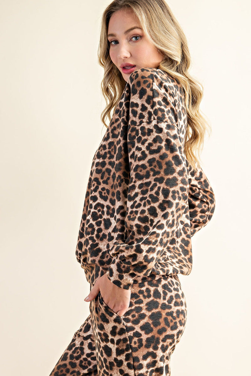 Comfortable Leopard Print Long Sleeve Sweatshirt and Pants Loungewear Ivy and Pearl Boutique