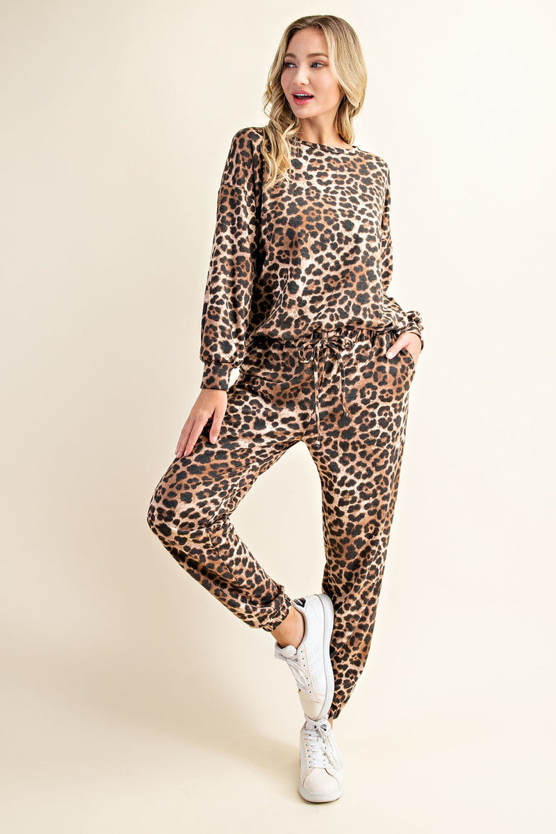 Comfortable Leopard Print Long Sleeve Sweatshirt and Pants Loungewear Ivy and Pearl Boutique