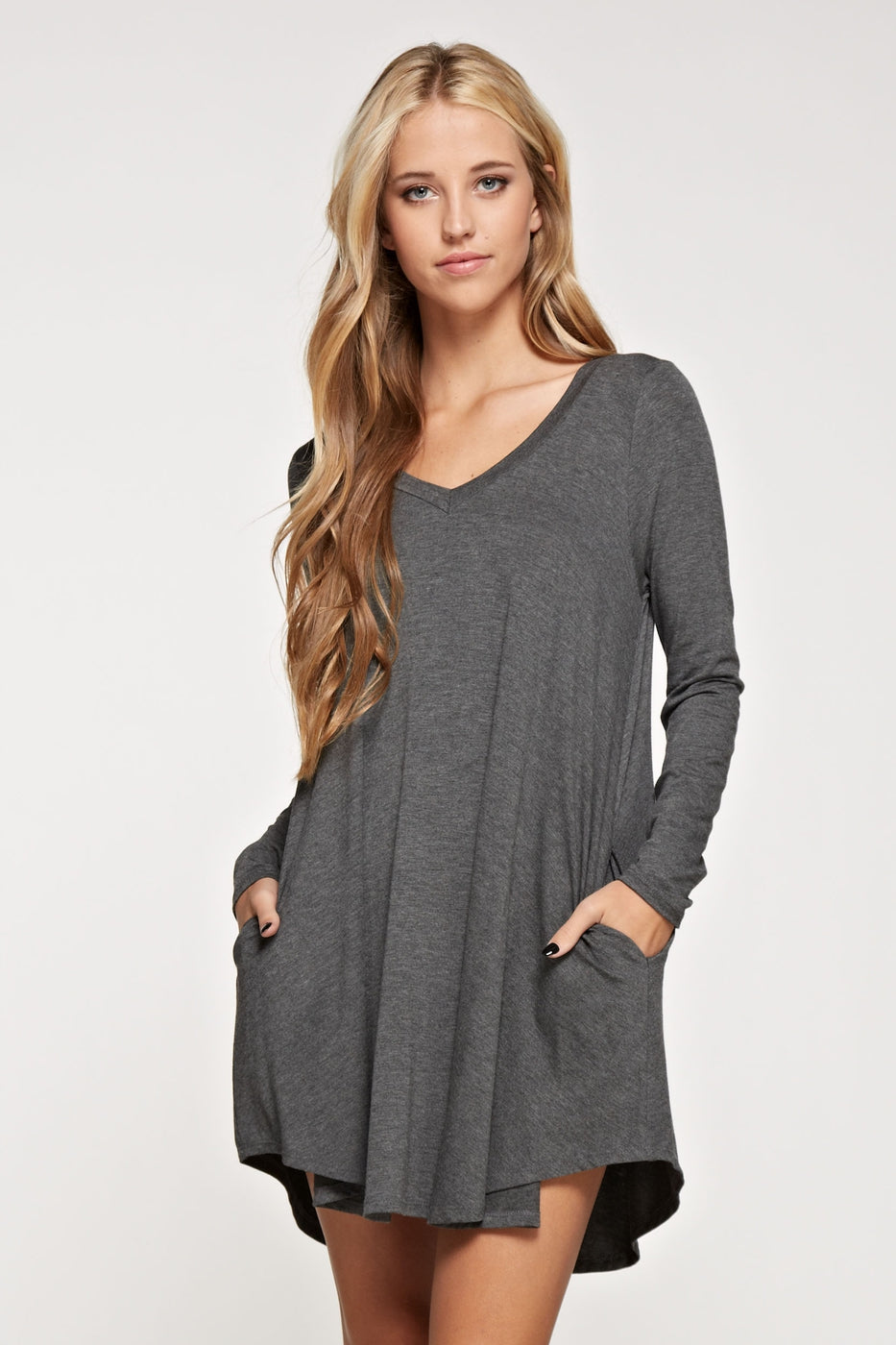 Comfy V-neck long sleeve solid dress with side pockets Ivy and Pearl Boutique Charcoal S