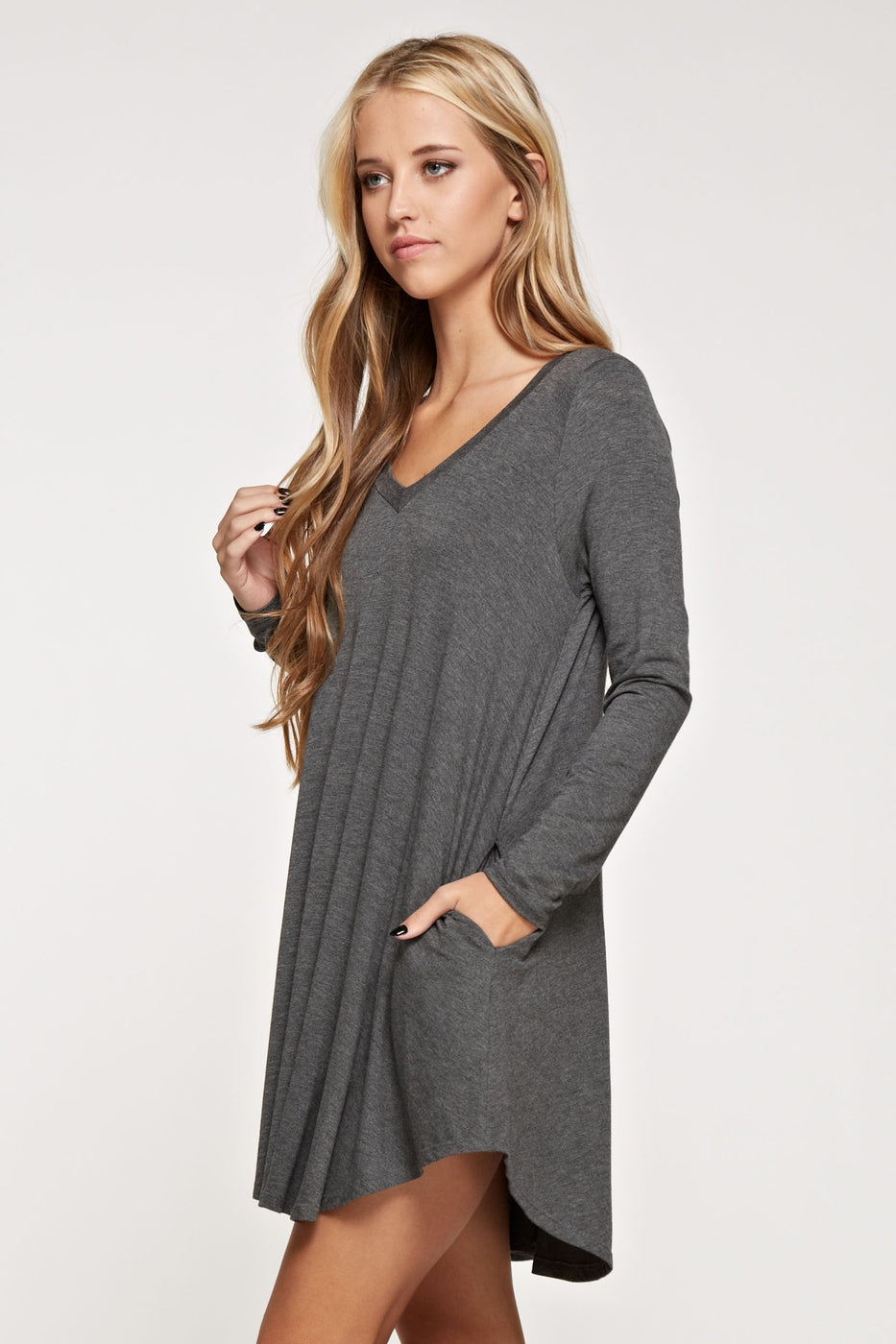 Comfy V-neck long sleeve solid dress with side pockets Ivy and Pearl Boutique