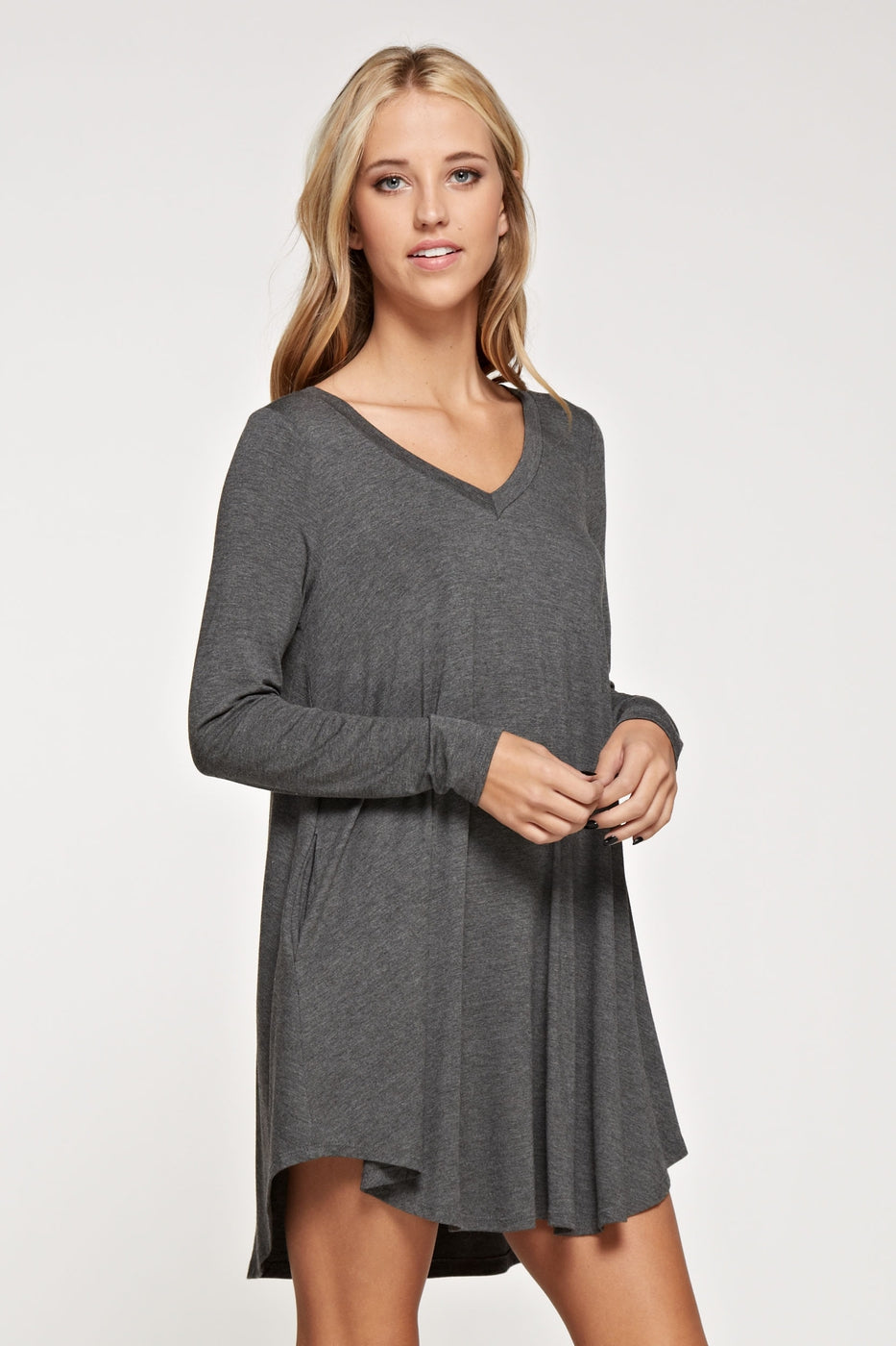 Comfy V-neck long sleeve solid dress with side pockets Ivy and Pearl Boutique