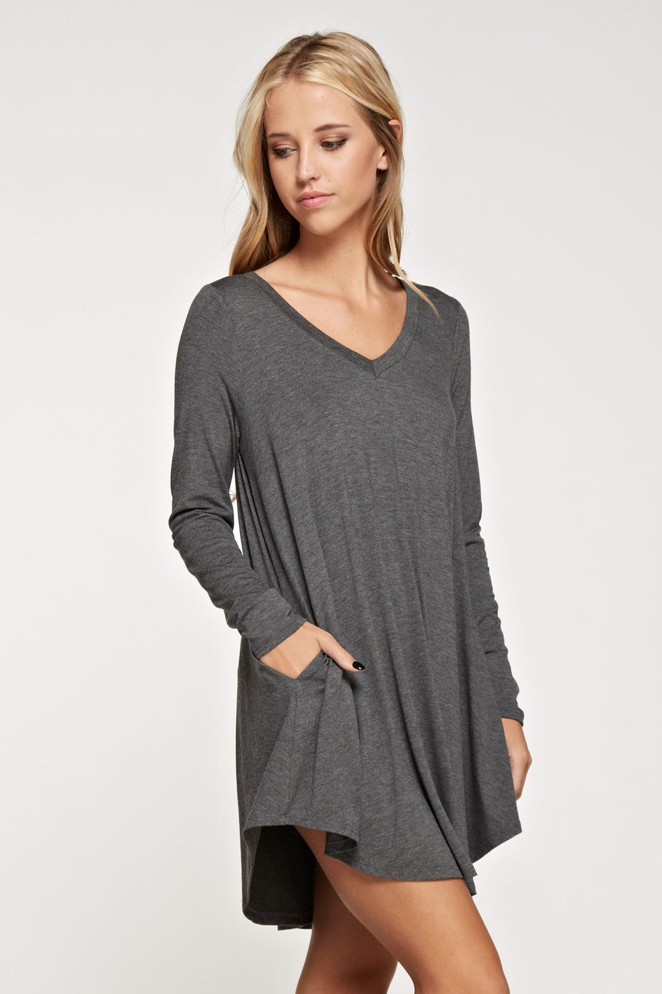 Comfy V-neck long sleeve solid dress with side pockets Ivy and Pearl Boutique