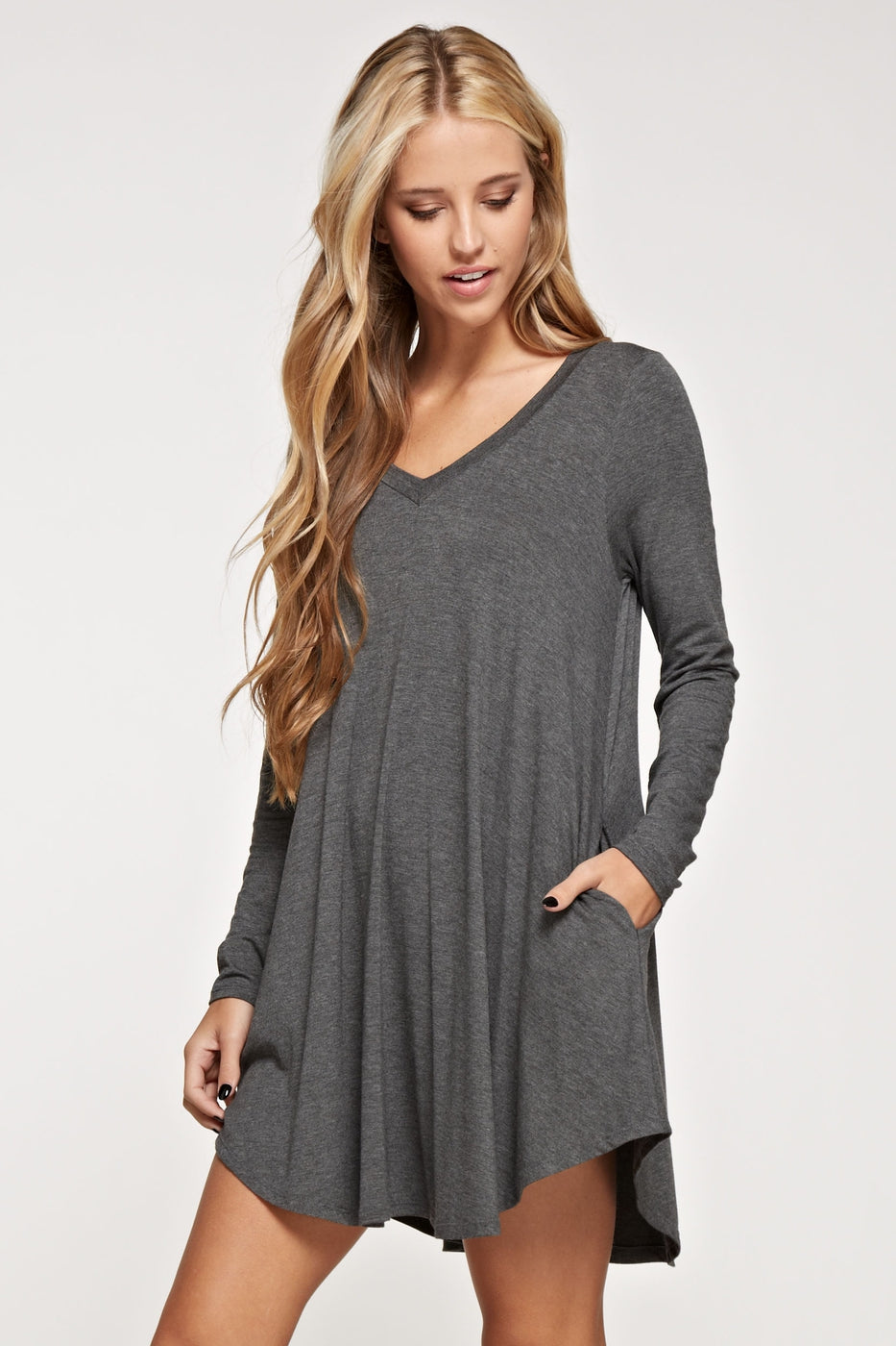Comfy V-neck long sleeve solid dress with side pockets Ivy and Pearl Boutique