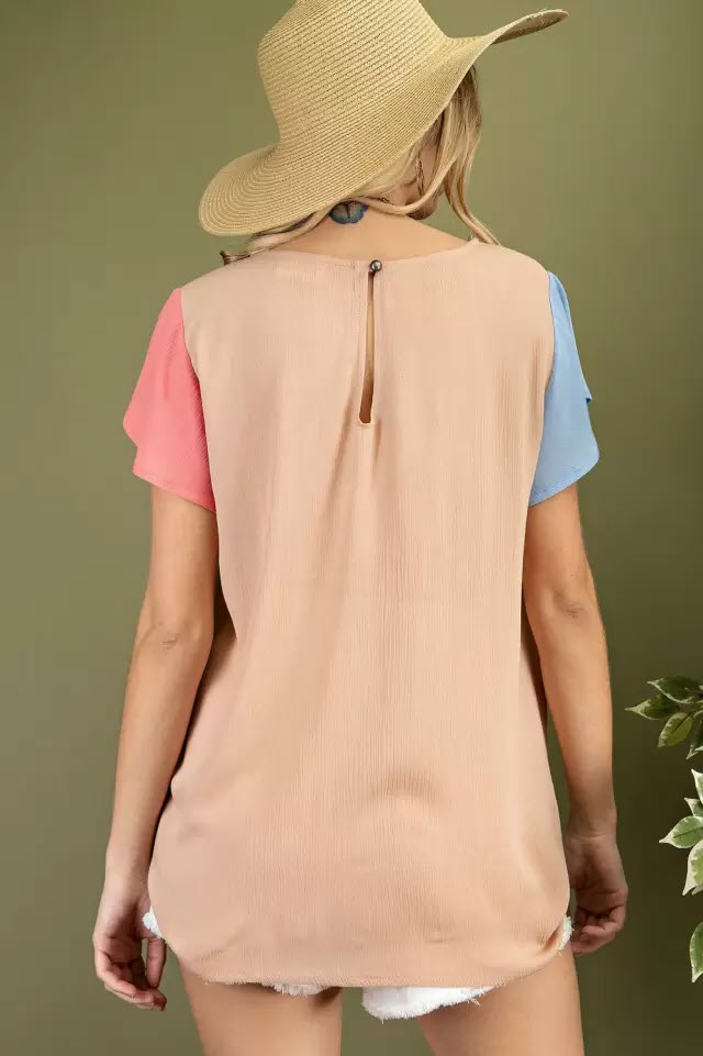 Coral block ruffle sleeve woven blouse  Ivy and Pearl Boutique