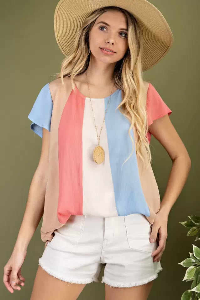 Coral block ruffle sleeve woven blouse  Ivy and Pearl Boutique S