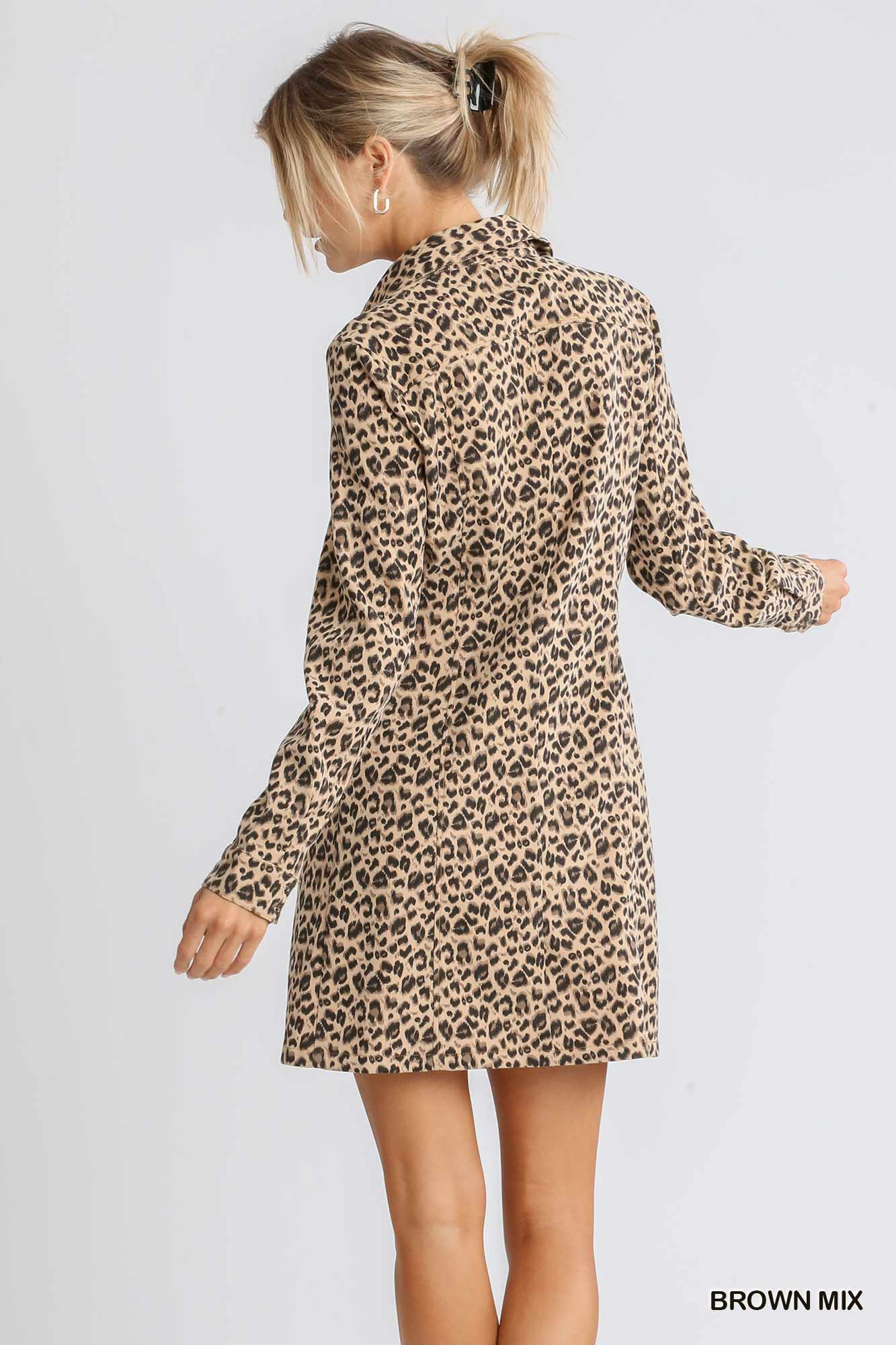Corduroy Animal Print Collar Button Down Shirt Dress with Chest Pockets Ivy and Pearl Boutique