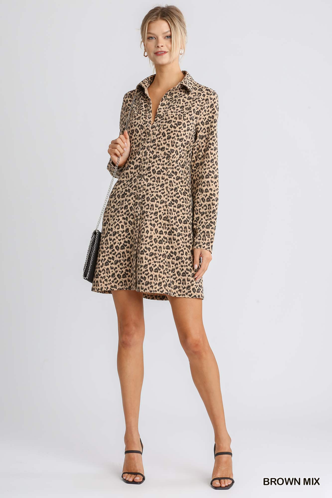 Corduroy Animal Print Collar Button Down Shirt Dress with Chest Pockets Ivy and Pearl Boutique Brown S