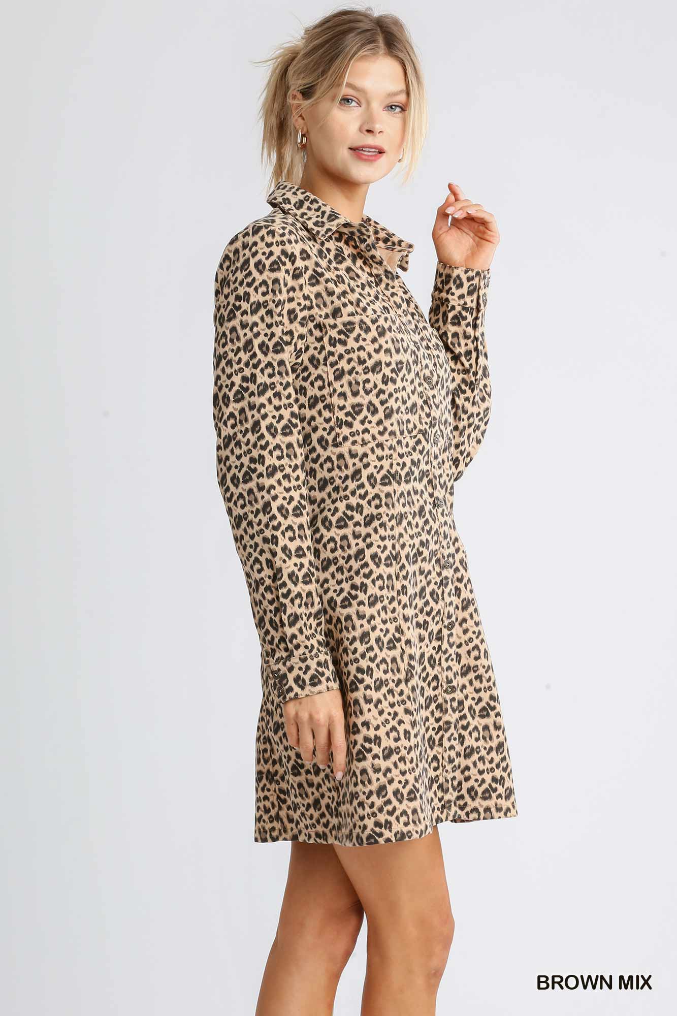 Corduroy Animal Print Collar Button Down Shirt Dress with Chest Pockets Ivy and Pearl Boutique