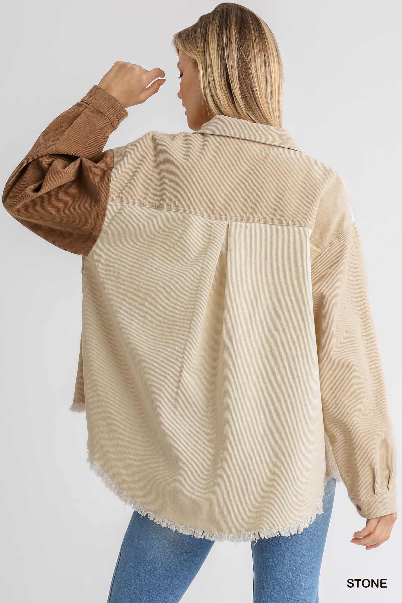 Corduroy Colorblock Collared Button Down Jacket with Chest Pocket and High Low Raw Hem Ivy and Pearl Boutique