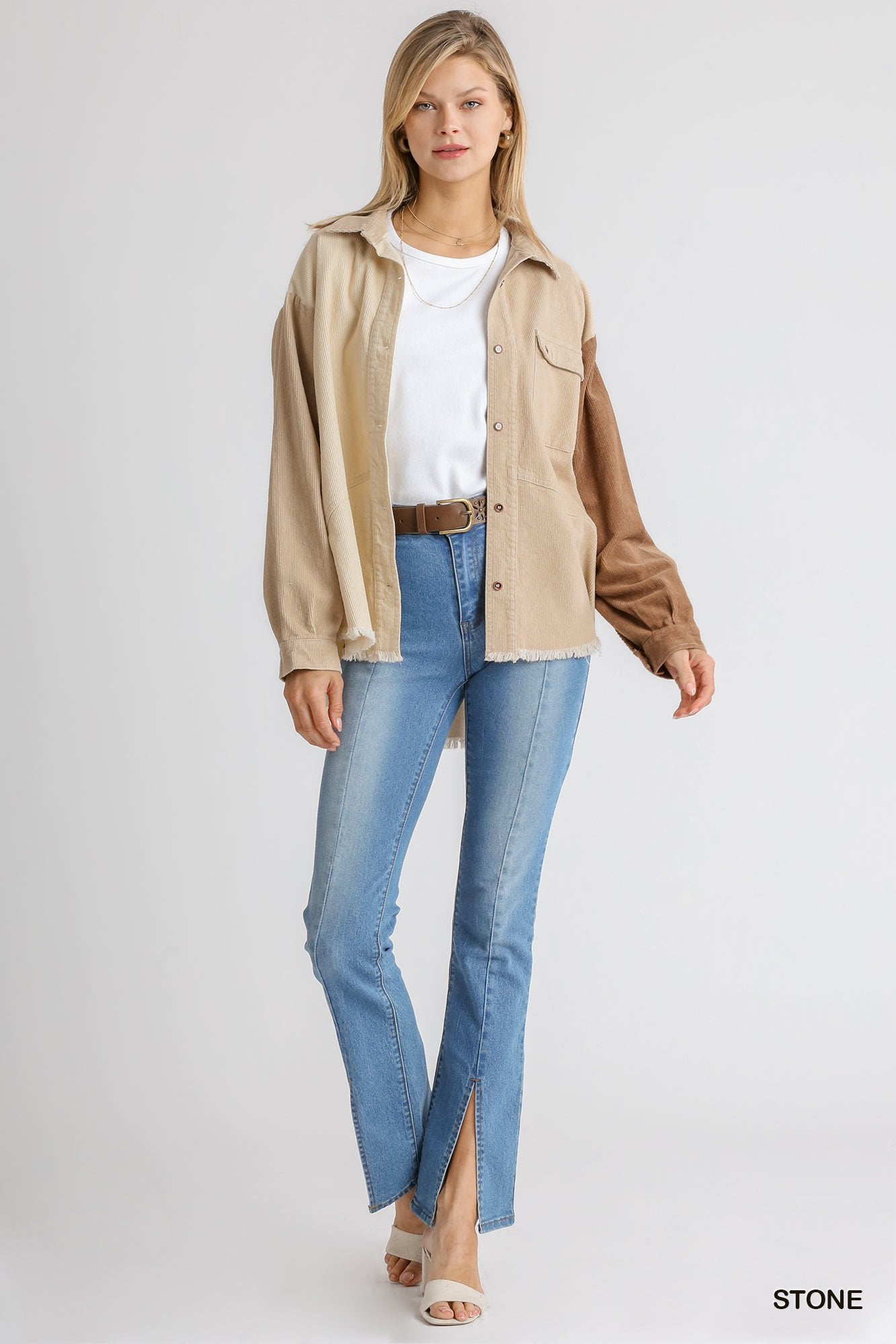 Corduroy Colorblock Collared Button Down Jacket with Chest Pocket and High Low Raw Hem Ivy and Pearl Boutique