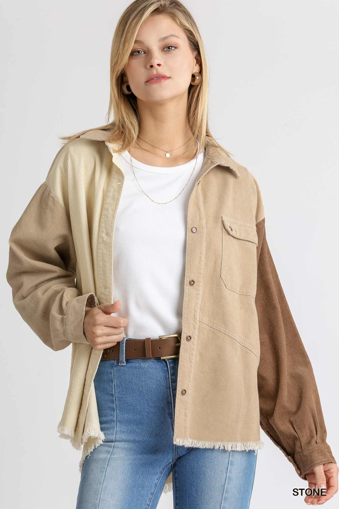 Corduroy Colorblock Collared Button Down Jacket with Chest Pocket and High Low Raw Hem Ivy and Pearl Boutique Stone S
