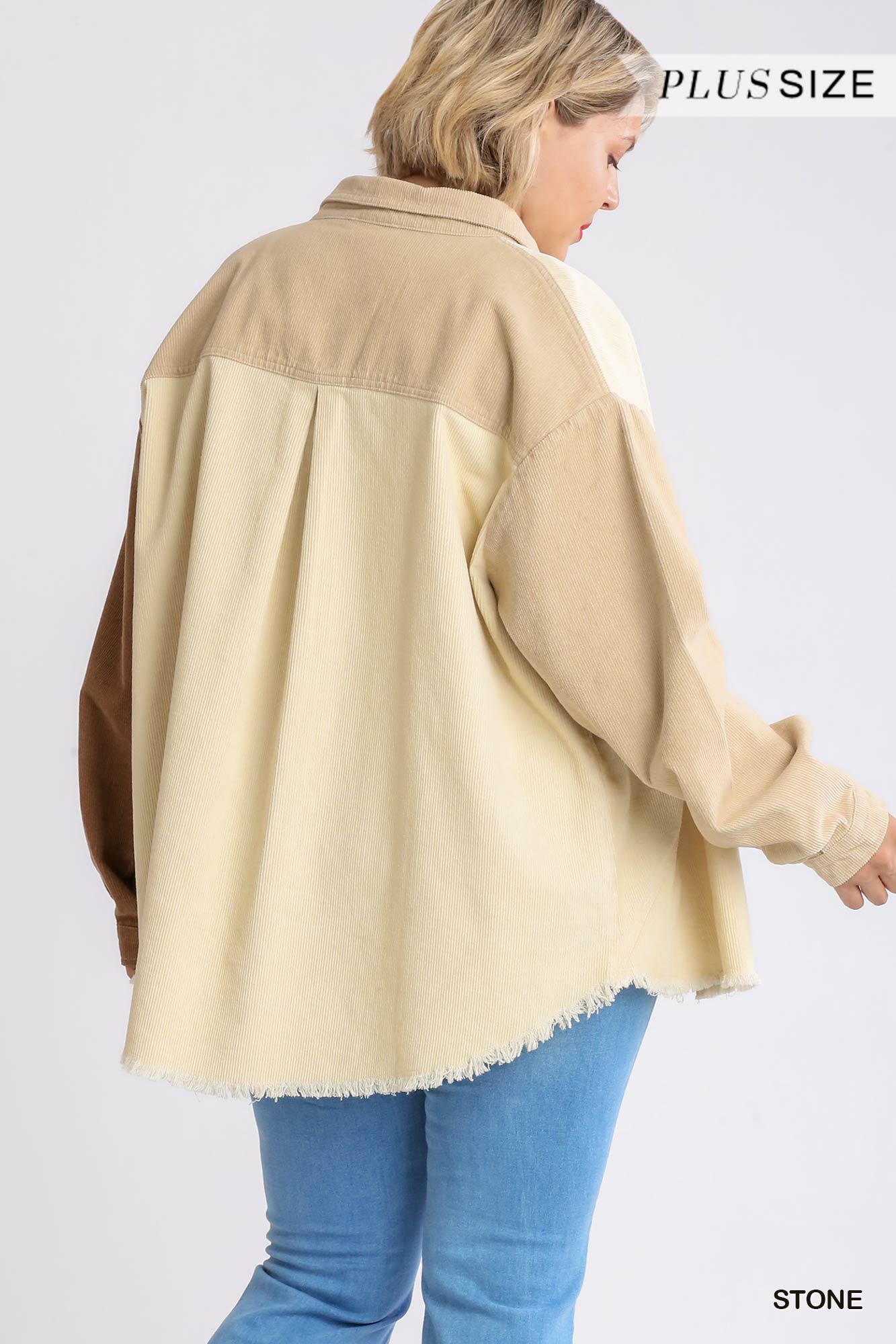 Corduroy Colorblock Collared Button Down Jacket with Chest Pocket and High Low Raw Hem Ivy and Pearl Boutique