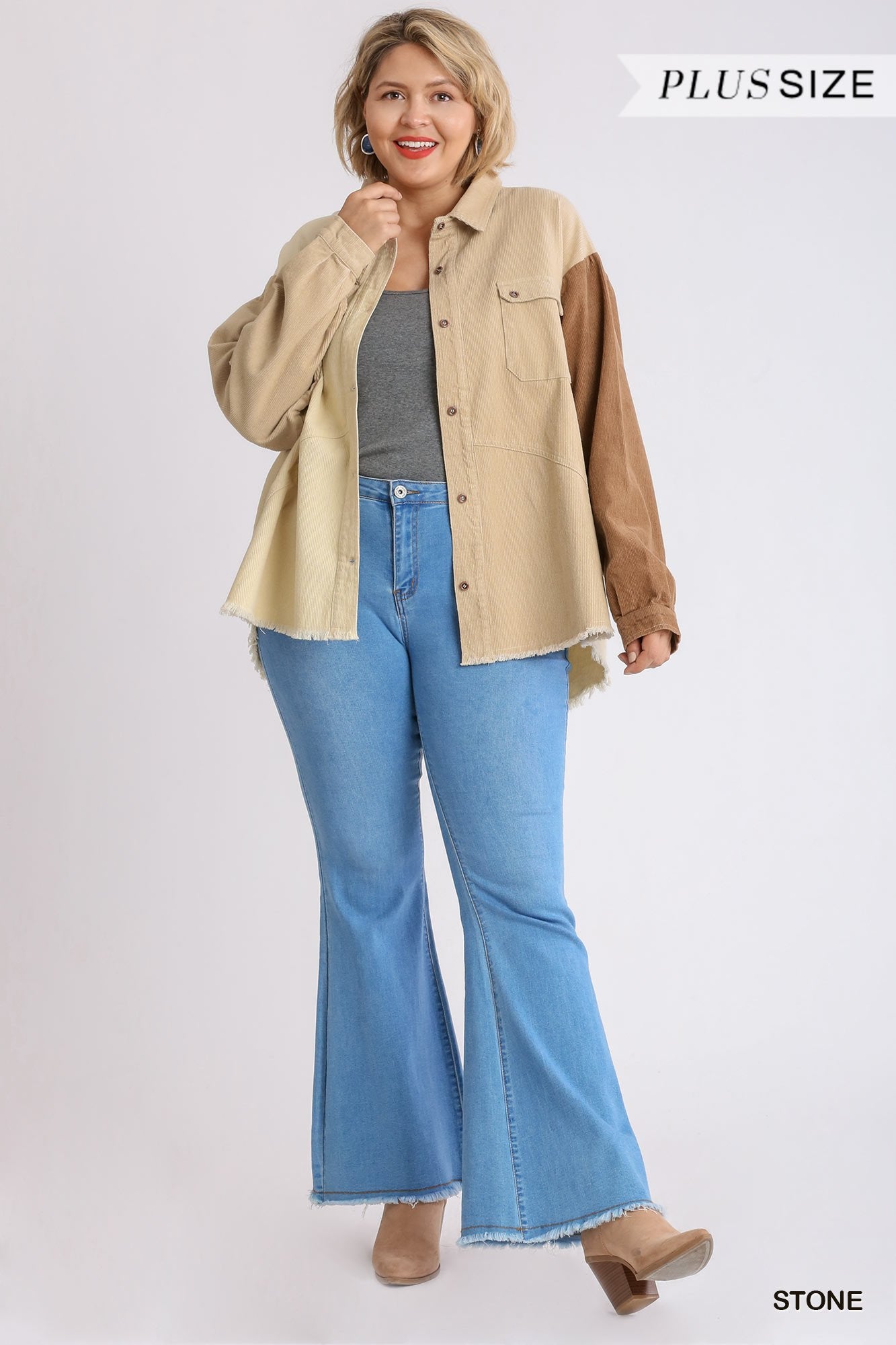 Corduroy Colorblock Collared Button Down Jacket with Chest Pocket and High Low Raw Hem Ivy and Pearl Boutique
