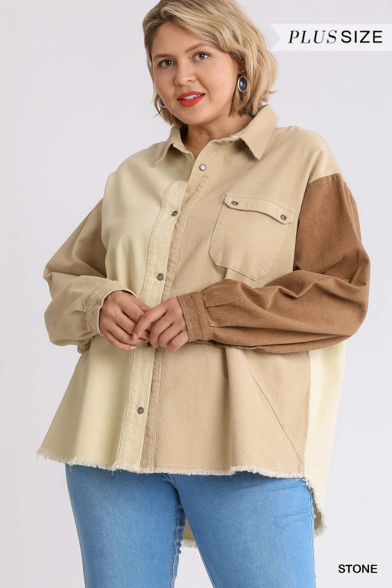 Corduroy Colorblock Collared Button Down Jacket with Chest Pocket and High Low Raw Hem Ivy and Pearl Boutique