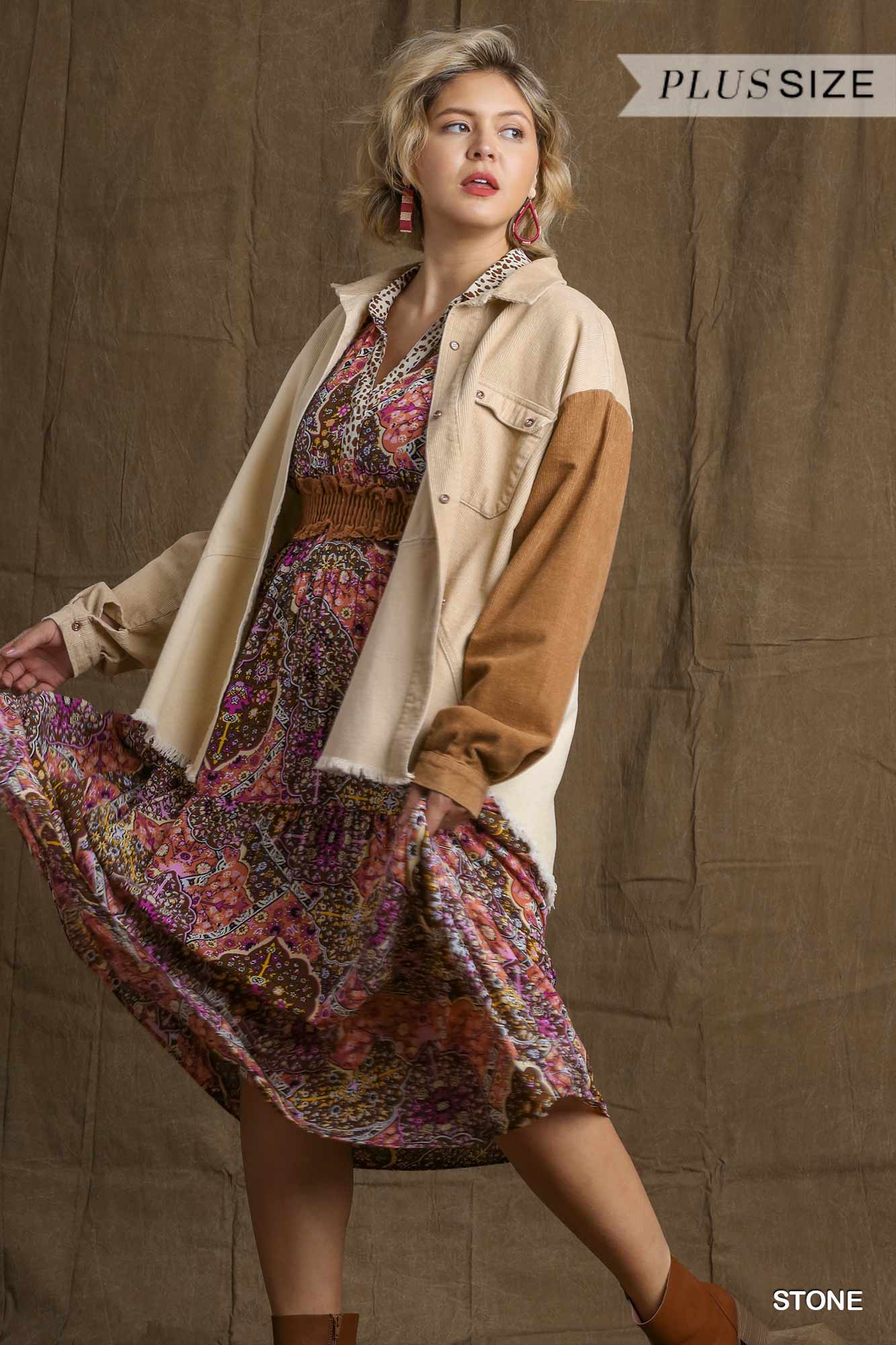 Corduroy Colorblock Collared Button Down Jacket with Chest Pocket and High Low Raw Hem Ivy and Pearl Boutique