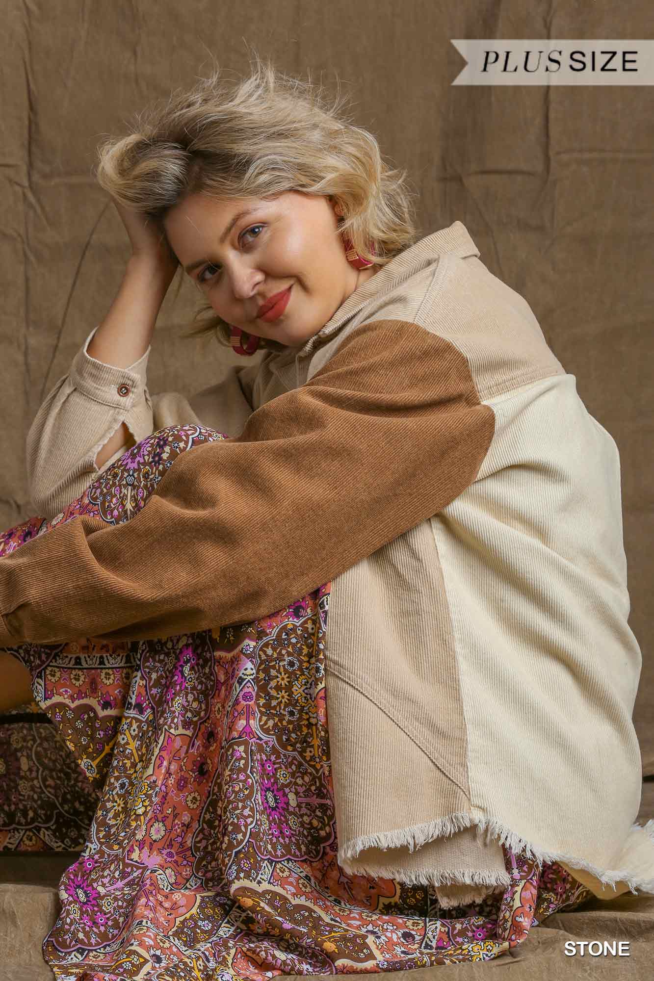 Corduroy Colorblock Collared Button Down Jacket with Chest Pocket and High Low Raw Hem Ivy and Pearl Boutique