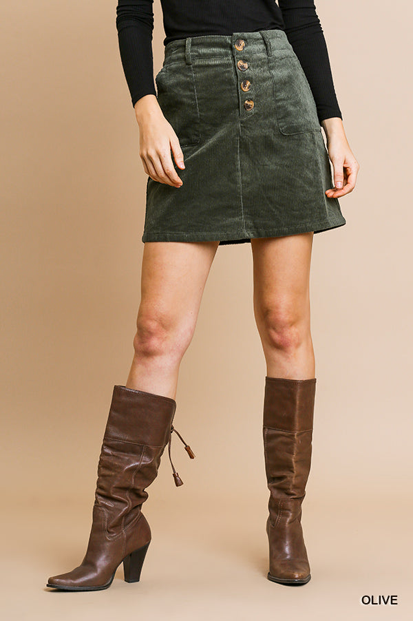 Umgee corduroy high waist button front A-line skirt Ivy and Pearl Boutique Olive S