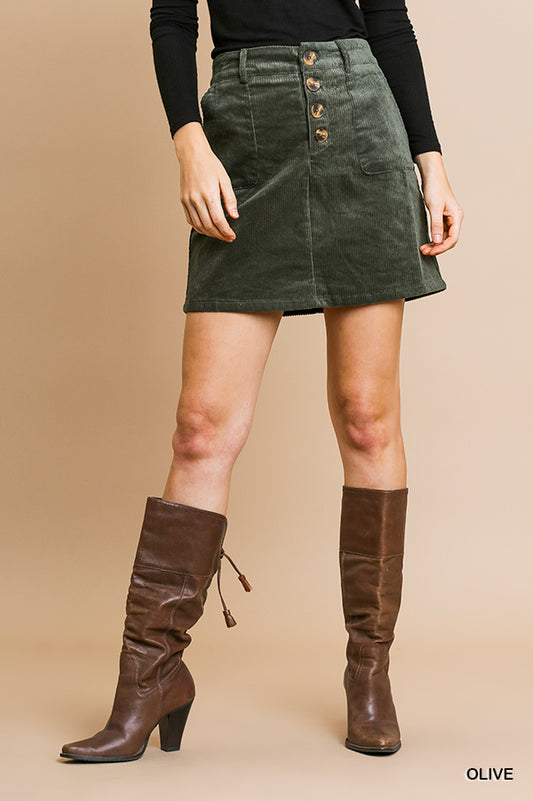 Umgee corduroy high waist button front A-line skirt  Ivy and Pearl Boutique Olive S