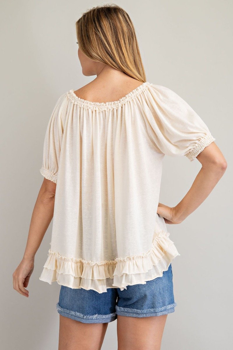 Cotton slub button-down top with double ruffle front Ivy and Pearl Boutique