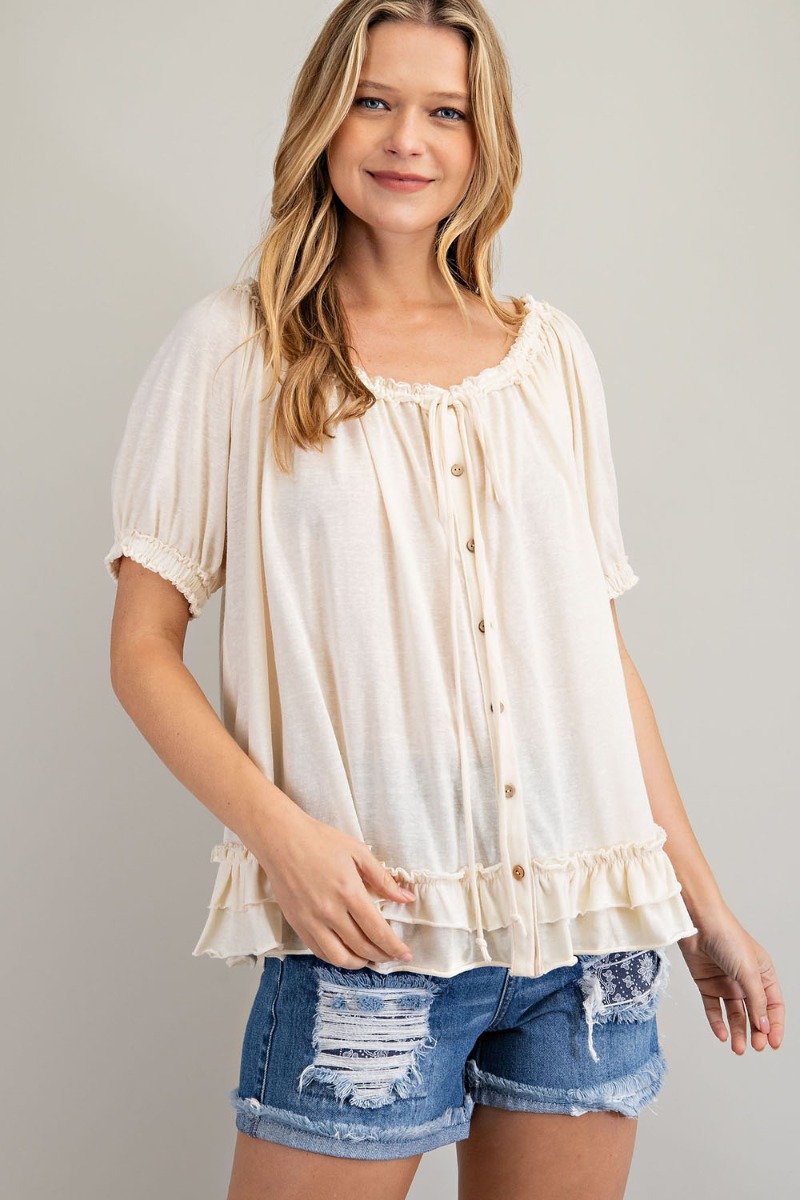 Cotton slub button-down top with double ruffle front Ivy and Pearl Boutique