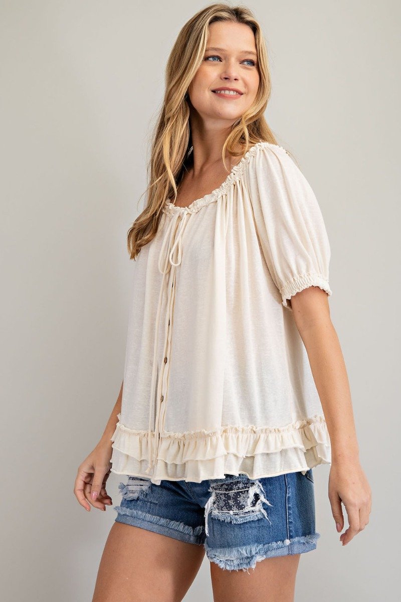 Cotton slub button-down top with double ruffle front Ivy and Pearl Boutique