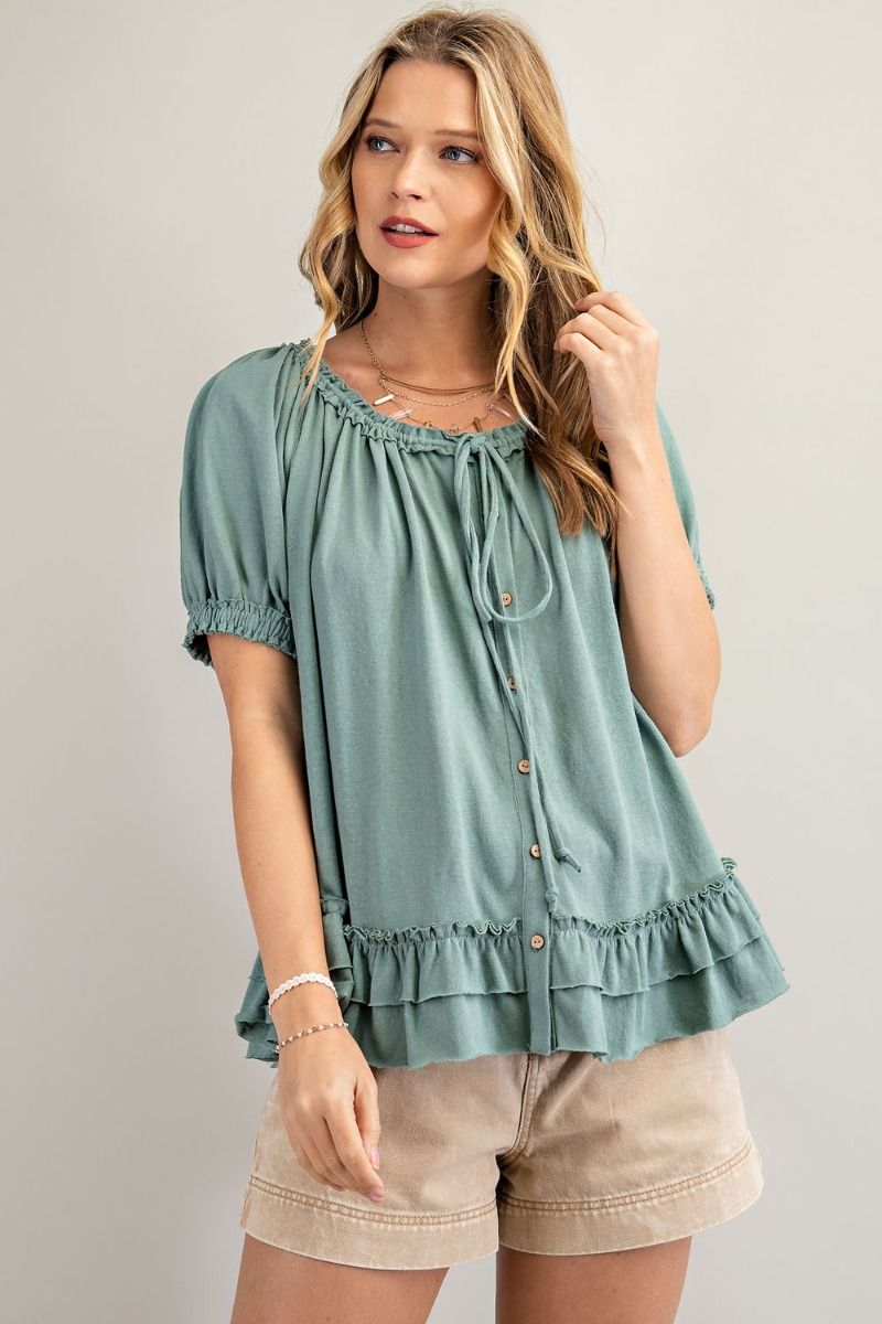 Cotton slub button-down top with double ruffle front Ivy and Pearl Boutique Sage S