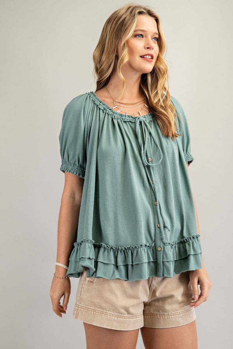 Cotton slub button-down top with double ruffle front Ivy and Pearl Boutique