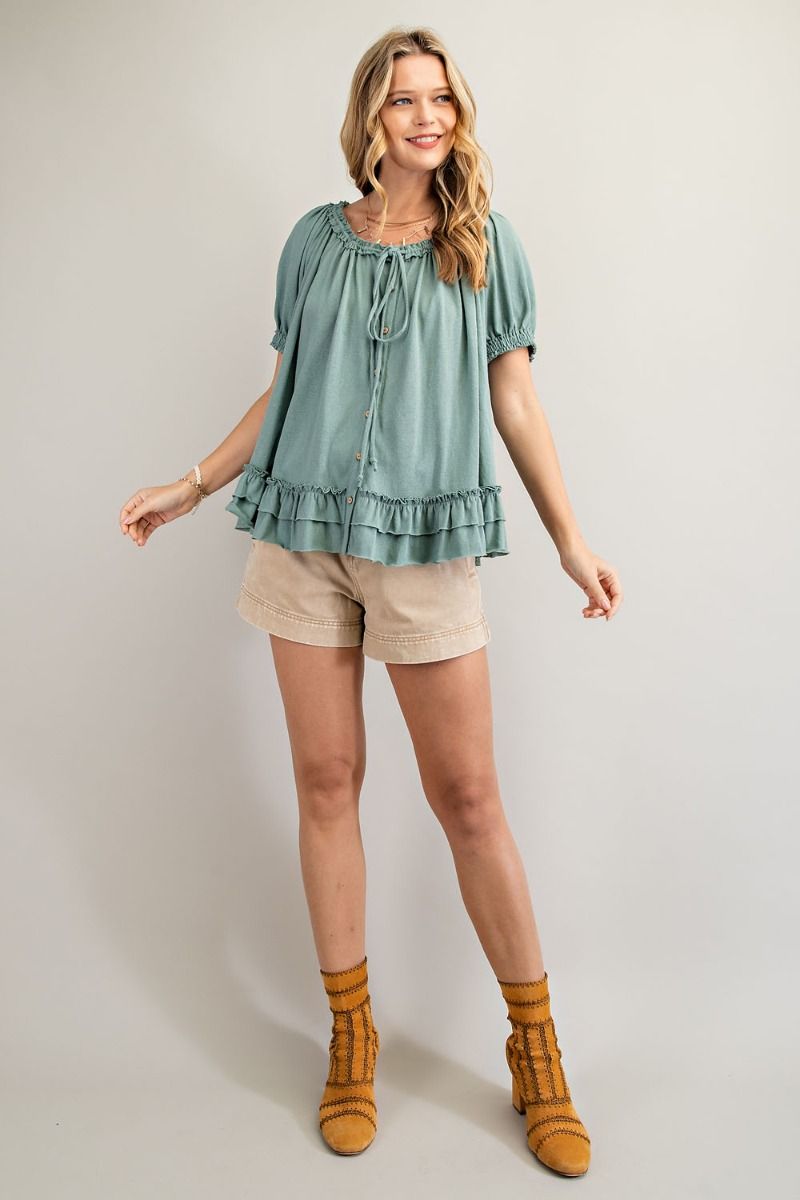 Cotton slub button-down top with double ruffle front Ivy and Pearl Boutique