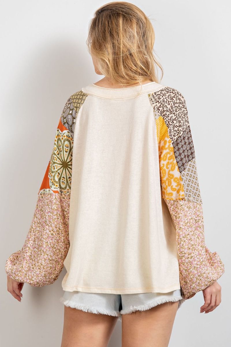 Cotton slub loose fit top with print contrast sleeves Ivy and Pearl Boutique
