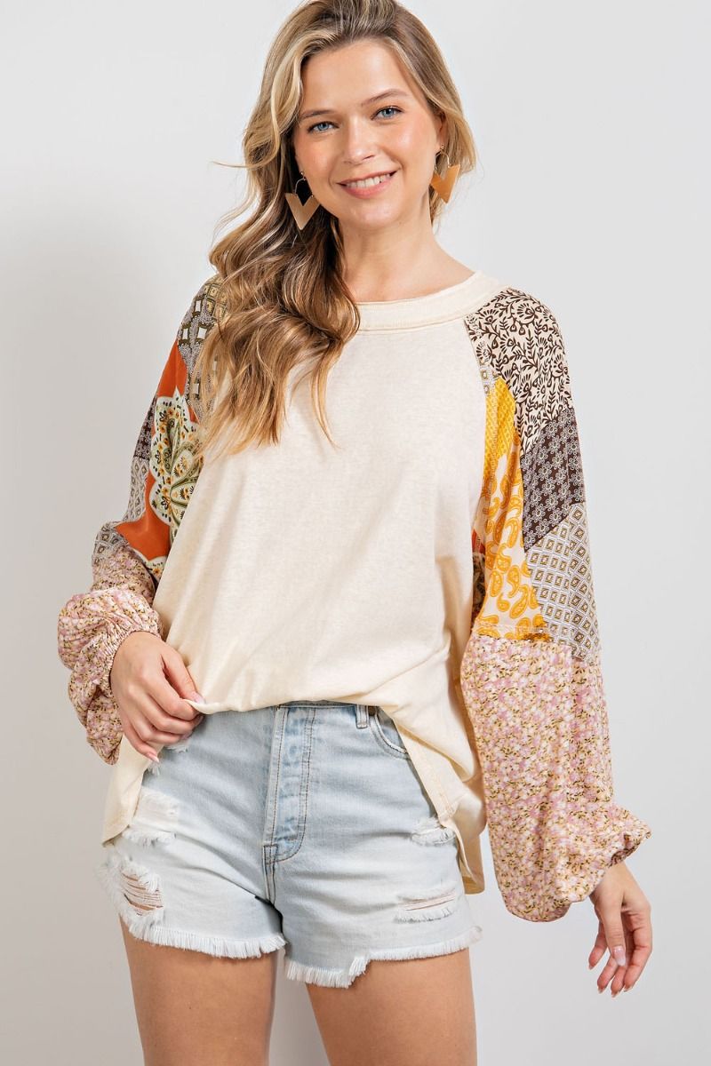 Cotton slub loose fit top with print contrast sleeves Ivy and Pearl Boutique Cream M