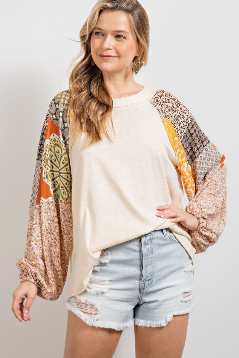 Cotton slub loose fit top with print contrast sleeves Ivy and Pearl Boutique
