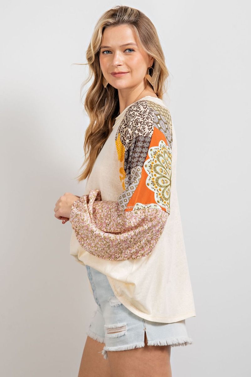Cotton slub loose fit top with print contrast sleeves Ivy and Pearl Boutique