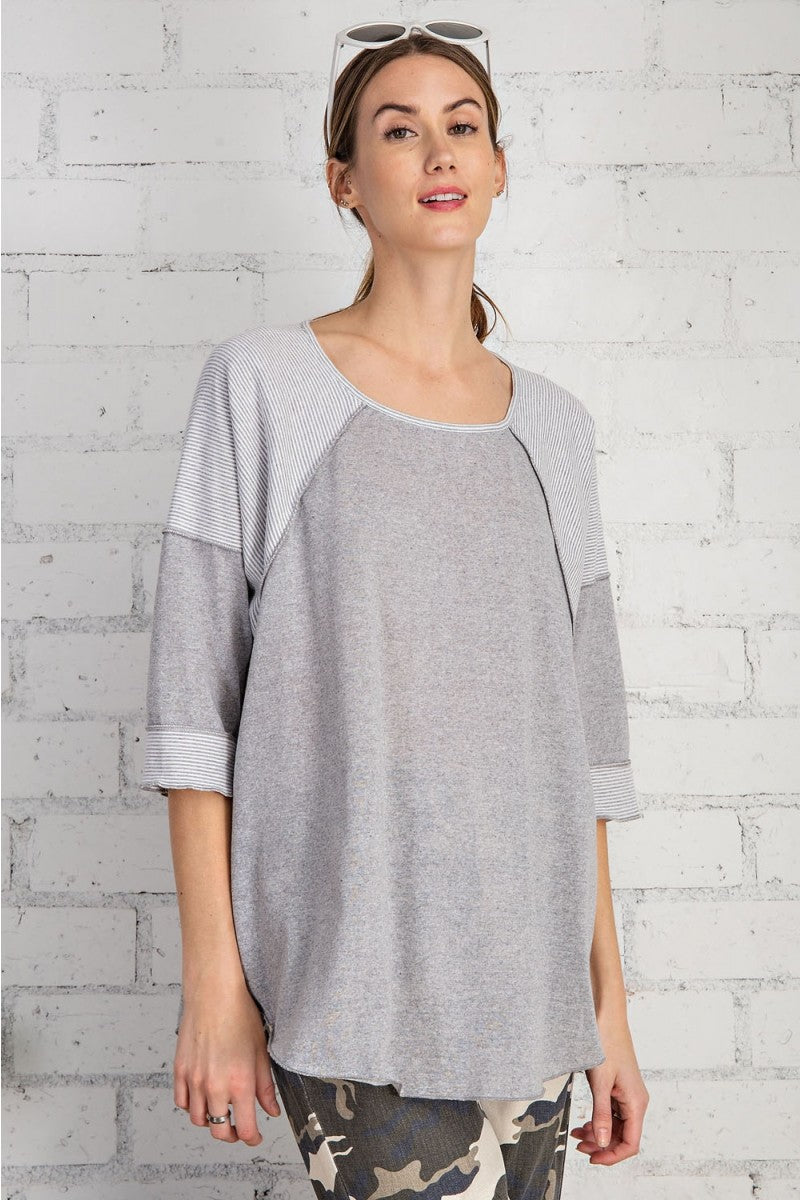 Ultra soft and lightweight cotton/span mix stripe contrast loose fit top Ivy and Pearl Boutique Heather Gray XL