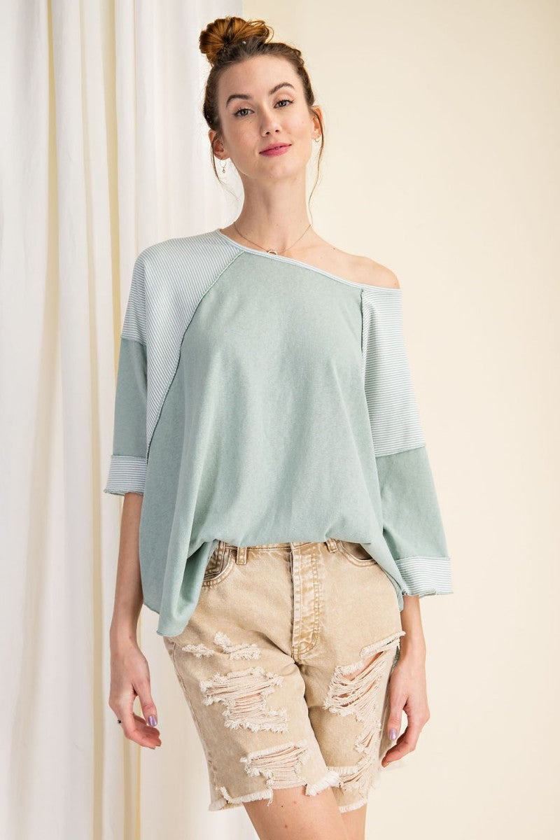 Ultra soft and lightweight cotton/span mix stripe contrast loose fit top Ivy and Pearl Boutique Sage XL