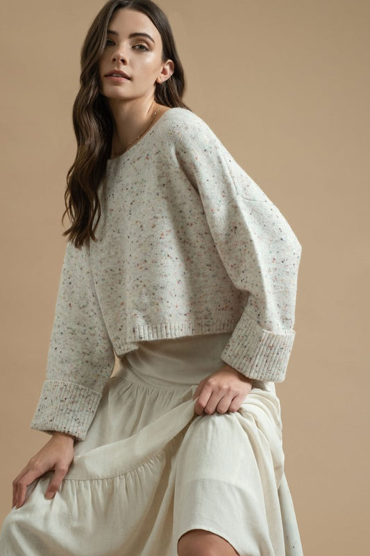 Crew neck Confetti drop shoulder long sleeve cropped knit sweater  Ivy and Pearl Boutique S