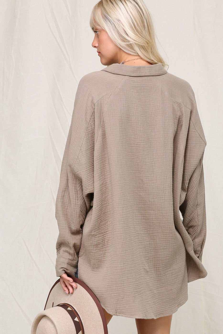Crinkly lightweight button down oversized silhouette shirt with single pocket Ivy and Pearl Boutique