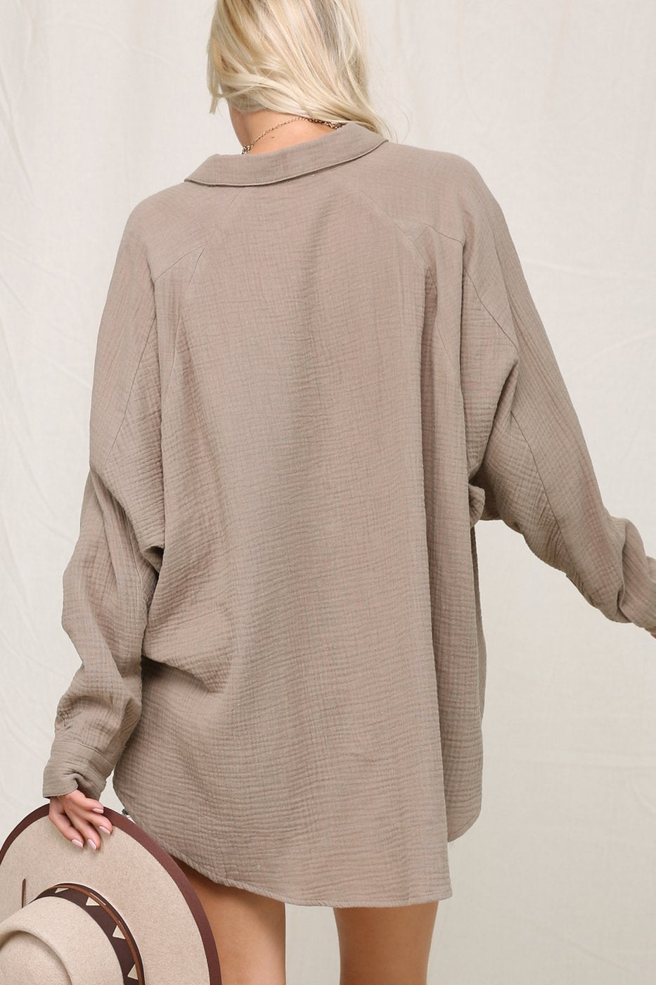 Crinkly lightweight button down oversized silhouette shirt with single pocket Ivy and Pearl Boutique