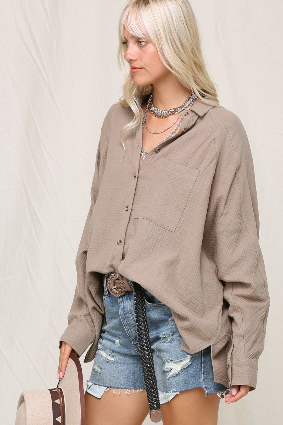 Crinkly lightweight button down oversized silhouette shirt with single pocket Ivy and Pearl Boutique