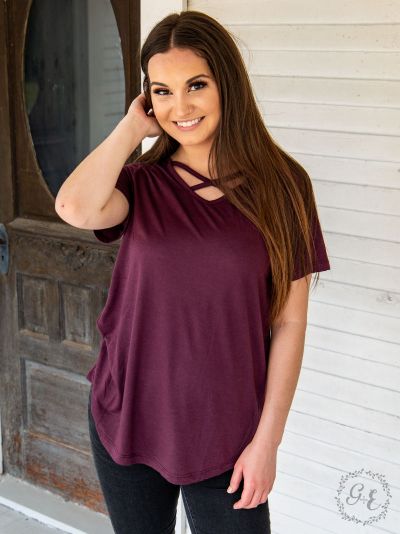 Criss cross V-neck pullover top Ivy and Pearl Boutique Berry S