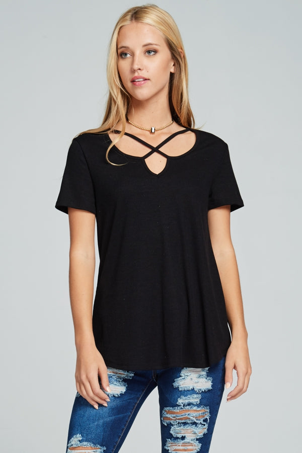 Criss-cross front V-neck ribbed short-sleeve top  Ivy and Pearl Boutique