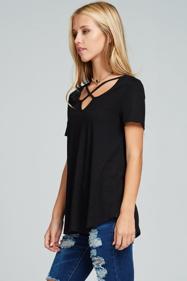 Criss-cross front V-neck ribbed short-sleeve top Ivy and Pearl Boutique