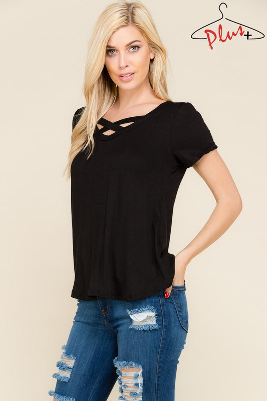 Short sleeve crisscross solid top  Ivy and Pearl Boutique Black 3XL