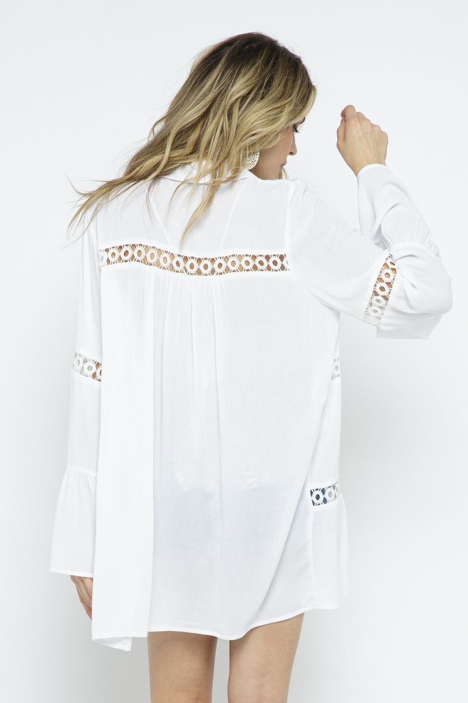 Crochet Lace Bell Sleeve Collared Cover Up Ivy and Pearl Boutique