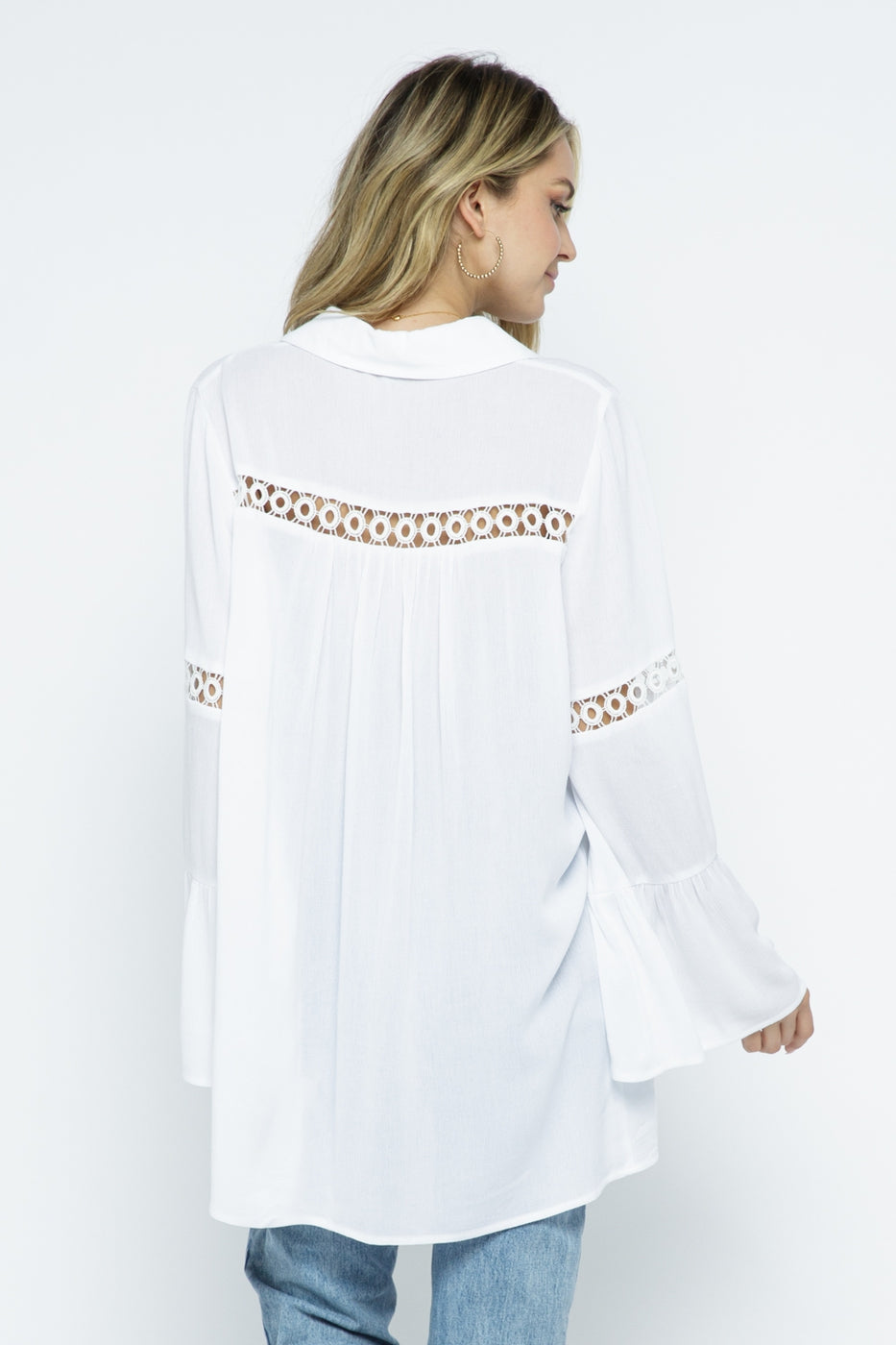 Crochet Lace Bell Sleeve Collared Cover Up Ivy and Pearl Boutique
