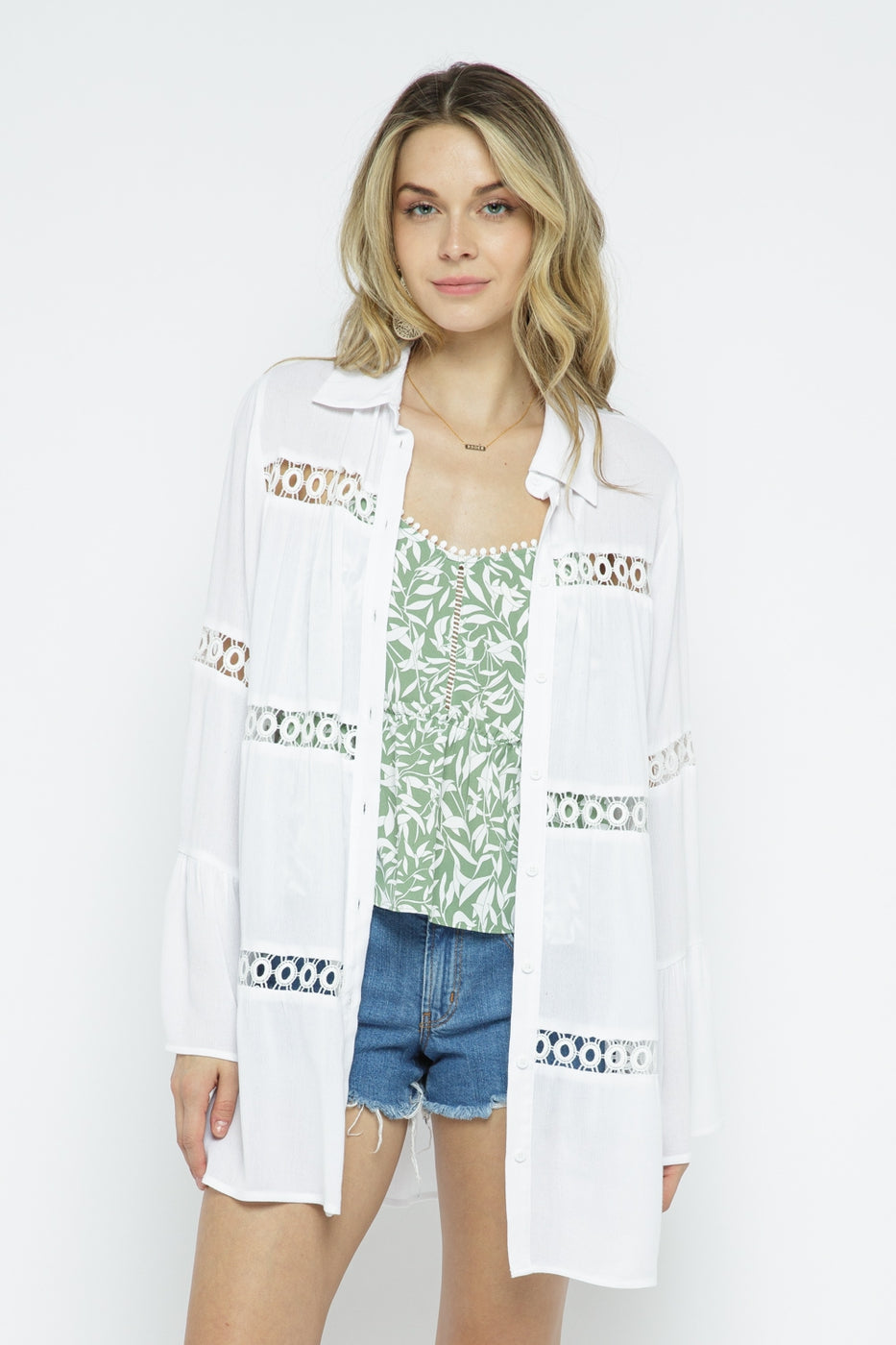 Crochet Lace Bell Sleeve Collared Cover Up Ivy and Pearl Boutique S
