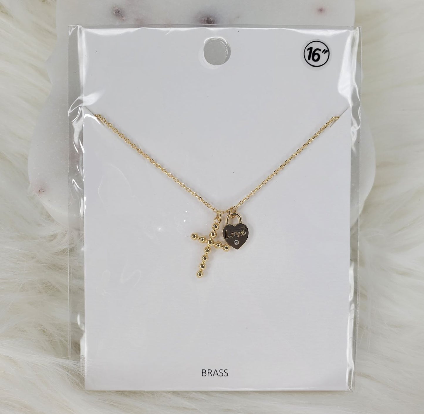Cross with Love Charm 16-inch brass necklace  Ivy and Pearl Boutique Gold