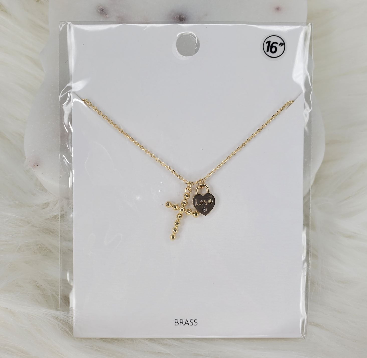Cross with Love Charm 16-inch brass necklace  Ivy and Pearl Boutique Gold