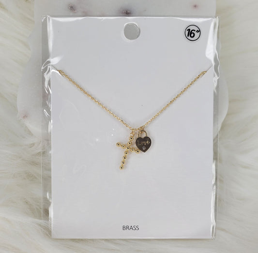 Cross with Love Charm 16-inch brass necklace  Ivy and Pearl Boutique Gold